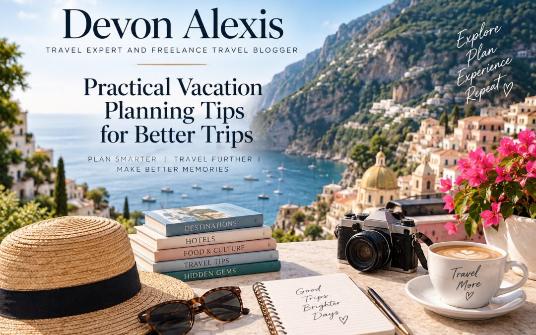Devon Alexis practical vacation planning tips travel blog hero image with coastal destination, travel notebook, camera, and vacation planning details.